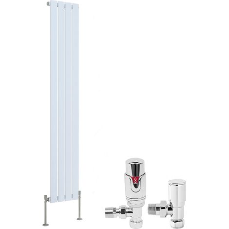White Designer Flat Panel Radiator + Thermostatic TRV Radiator Valves Chrome Angled Vertical 1600x272mm Single (1/3)