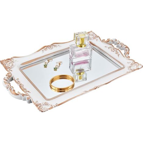 Miroir encadré Rectangle Plateau décoratif Antique poignée Plateau décoratif Antique Miroir Chambre Coucher Salon Maquillage Bijoux Organisateur 24.5x16.3cm (1/5)