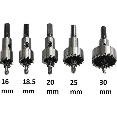 Scie à Cloche Fraise Trépan Métal HSS Acier Cobalt. Coffret 5 Forets: 16 + 18,5 + 20 + 25 + 30 mm HSS Cobalt, M35, HRC 64–66 Queue 9,5 mm (1/4)