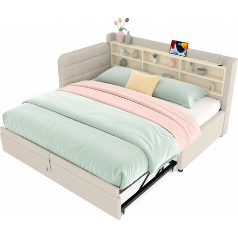 Divano letto multifunzione estraibile 90x200 cm con USB e USB-C, testiera con vani contenitore, stile rétro beige – CHICFURN (1/5)