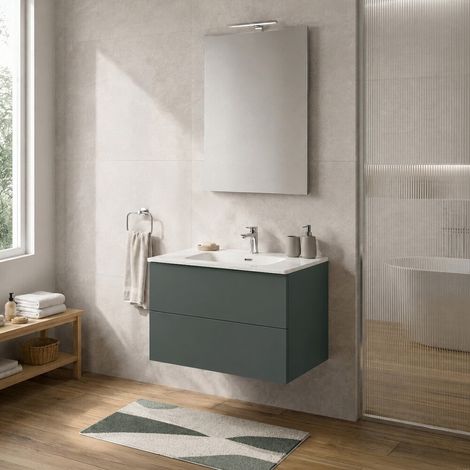 Mobile bagno sospeso 70 cm verde due cassetti push-pull e lavabo Tierra (1/5)