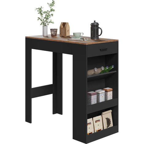 WOLTU Mesa Alta de Bar con 1 Cajón y 3 Estantes, Madera Contrachapada, 100 x 50 x 100 cm, Rústica y Negro