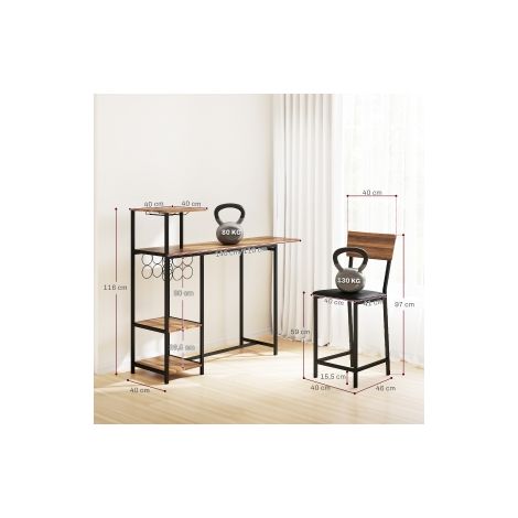 Ensemble bar marron 3 pièces avec table pliante, 2 tabourets, porte-verres et étagère en acier pour cuisine et salle à manger (1/5)