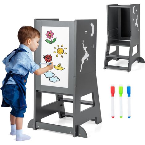 Costway – Tour d'apprentissage enfant en bois avec hauteur réglable – Tableau noir et blanc – Charge 70kg – Pour enfants de 1 à 7 ans (1/5)