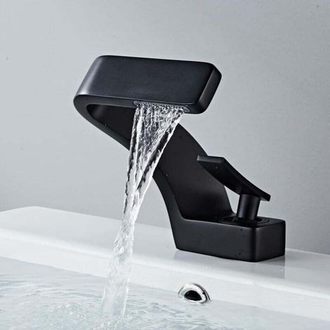 Modern Waterfall Bathroom Faucet Single Handle Mixer Tap Matte Black Brass Bathroom Tap (With Hose) MUMU (1/4)