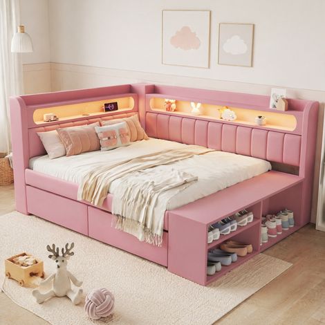 DESMIU Lit banquette 90 × 200 cm 1 place avec USB, LED, 2 tiroirs, meuble à chaussures, sans matelas, rose (1/5)