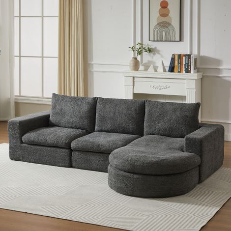 Divano componibile a L (Caterpillar): elementi curvi + chaise longue, nessun montaggio richiesto, grigio