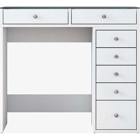ELORIA Coiffeuse 7 tiroirs blanc avec plateau en verre (1/5)