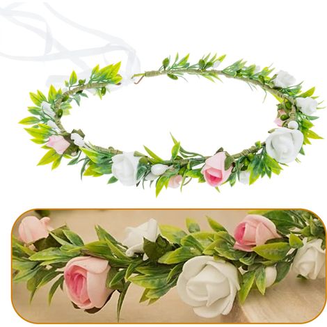 Corona de comunión hecha a mano - verde con rosas blancas - de aspecto realista (1/5)