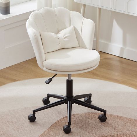 Poltrona girevole, poltrona da trucco con cuscino lombare a forma di farfalla, tessuto in velluto beige (1/5)