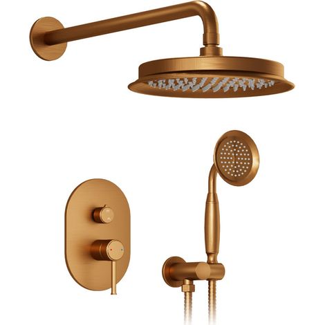 Colonne de douche encastrée rétro, Système de douche Laiton antique Kit de douche 2 fonctions avec corps de vanne en laiton, douche de tête ronde 230 mm, douchette & flexible anti-torsion 1,5 m (1/5)