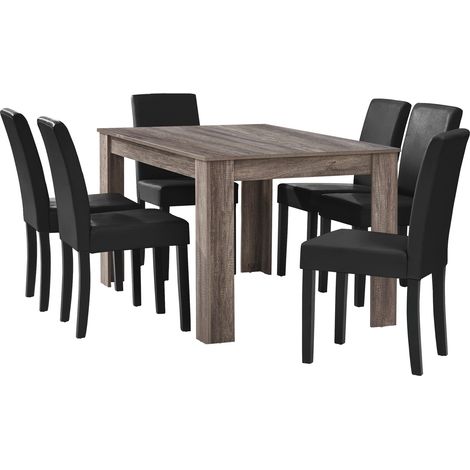 Set Pranzo con Tavolo 140x90 cm e 6 Sedie in Similpelle - Effetto Rovere Antico / Nero  [en.casa]