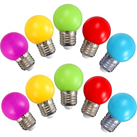 Lot de 10 ampoules LED colorées E27 G45 1W - Violet jaune vert rouge bleu - Décoration fête chambre (1/5)