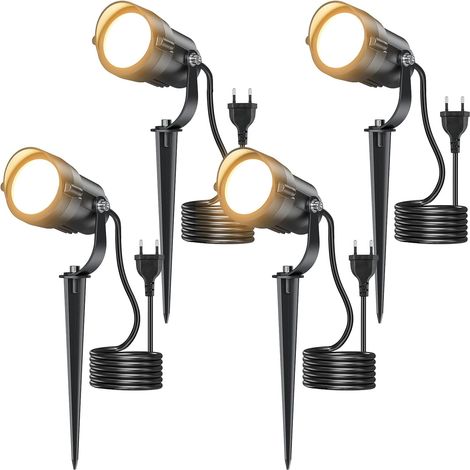 Pack de 4 projecteurs extérieurs 12 W 2700 K, projecteurs LED IP65 sur pieu au sol 1,5 m – Éclairage pour jardin, jardin, allée, terrasse, Lumière chaude [Classe d’énergie A]