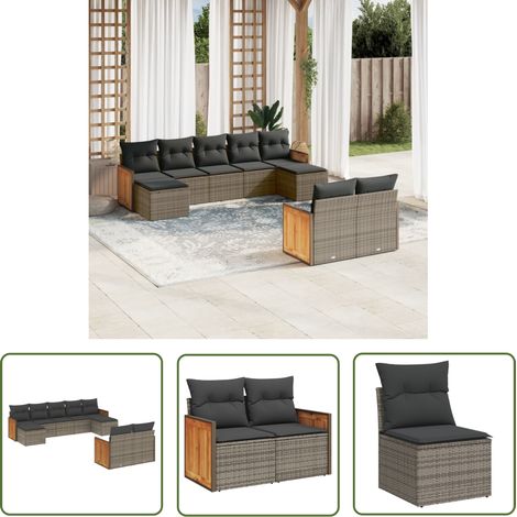 The Living Store 9-tlg. Garten-Sofagarnitur mit Kissen Grau Poly Rattan - Gartengestelle - Gartenmöbelset - Rattan Möbel - Lounge Set - Gartenlounge (1/5)