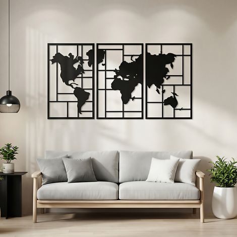 Décoration murale en métal, lot de 3 pièces, carte du monde, pour salon, chambre, couloir, 50 x 80 cm, noir (1/5)