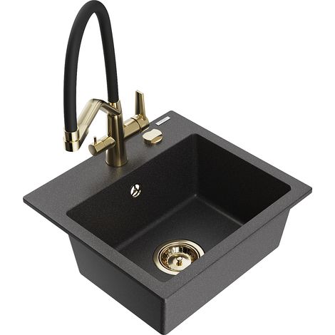 Mexen Milo 1-Becken-Granitspüle mit Mischbatterie Duo, Schwarz gesprenkelt - 6505-76-671701-57-G
