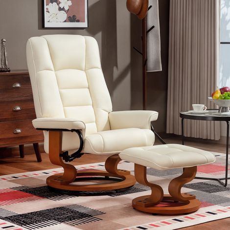 Sillón reclinable de relajación con reposapiés, giratorio, estructura de madera, tapicería sintética color crema.