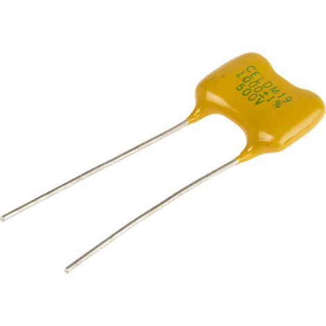 Condensateur mica, 1nF, 500V c.c., 16.51 x 5.59 x 13.21mm, pas de 8.89mm, +150 °C -55 °C.