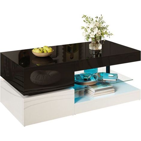 Table basse 90x50x40, design moderne plateau verre trempé, LED intégrées Bluetooth, surface laquée blanc et noir (1/5)