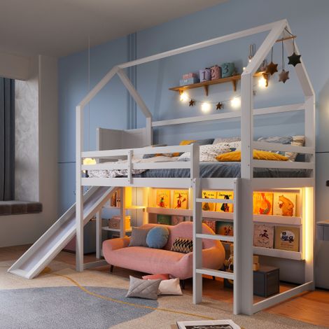 Lit mezzanine 90x200 cm, lit cabane avec bande LED, étagères et barrière, en bois, blanc, sans matelas (1/5)