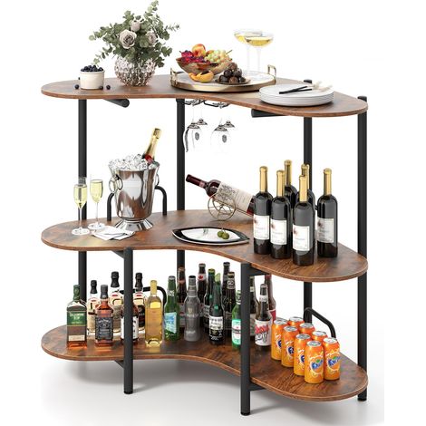 COSTWAY Tavolo da Bar 120 x 66 x 102 cm, Portabottiglie Vino a 3 Ripiani con Portabicchieri e Mensole di Stoccaggio, Isola Cucina Industriale per Bistro (Marrone) (1/5)