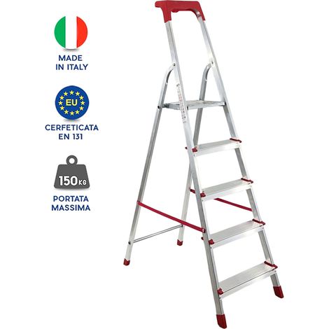 Scala Domestica in Alluminio Martina Leggera Portatile Scaletto Vaschetta Portaoggetti Pieghevole Robusta Salvaspazio made in Italy 5 gradini