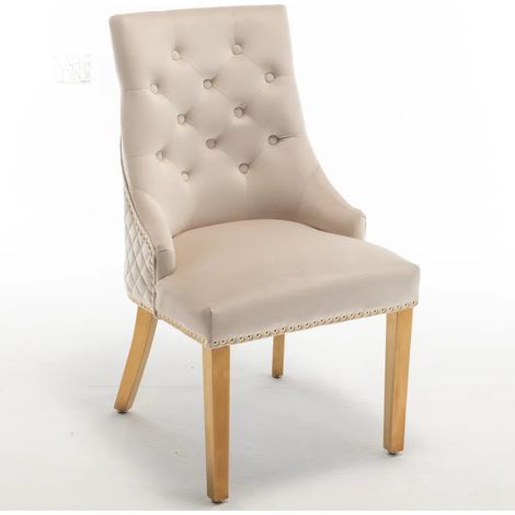 Lot de 2 chaises ANNEAU mattelassée et cloutée Gold velours - Beige (1/2)