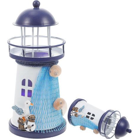 Porte-bougie chauffe-plat décoratif en forme de phare, style méditerranéen, peint à la main, motif marin, filet de pêche, coquillage et bouée (S/Sea Gull) (1/4)
