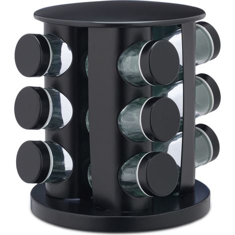 Pratico portaspezie girevole dal design moderno per cucina 12 barattoli in vetro 30 x 30 x 35 cm in acciaio inossidabile nero 130012357