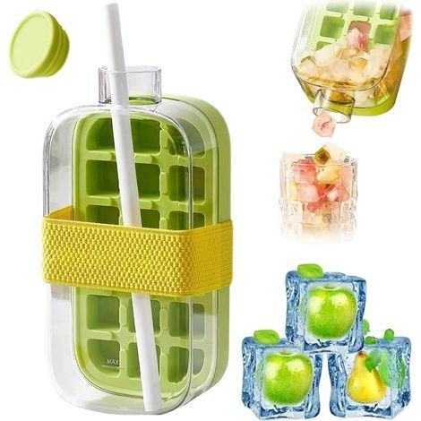 2-in-1 Eiswürfelflasche, Eiswürfelform mit Deckel und Strohhalm, Eiswürfelform, geeignet für Campingurlaub (1/5)