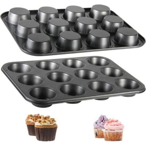 Set di 2 grandi teglie antiaderenti per muffin, cupcake, brownie, torte e budini, 35,5 x 26,5 x 2,7 cm, nere