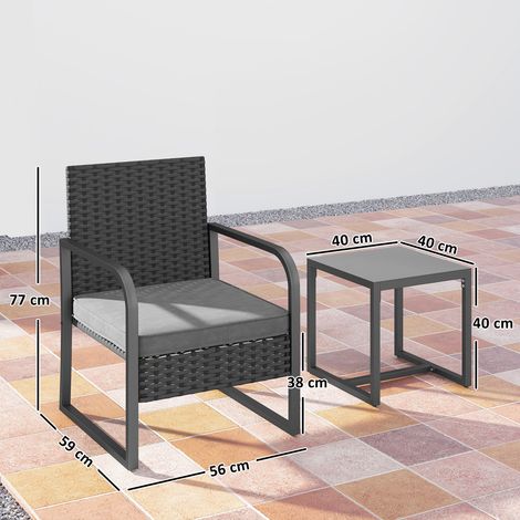 Ensemble de jardin en rotin (avec 2 fauteuils d'extérieur et une table basse avec plateau en verre), noir (1/5)