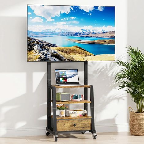 Support TV roulettes pour TV de 32 à 60 Pouces, Support TV sur Pied avec Tiroir Tissu et Rangement Etagère, Pied TV Mobile Hauteur Réglable, Max. Vesa 400x400 mm, Jusqu'à 40 KG, Brun Vintage (1/5)