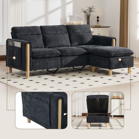 Canapé d'angle 3 places style nordique avec pouf coffre, poches latérales et pieds bois, chenille noir (1/5)
