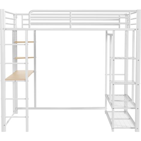 Cama alta de metal blanco 140 x 200 cm con escritorio, escalera y estanterías (1/5)