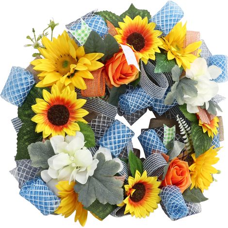 Couronne de tournesols, 45 cm de diamètre, couleurs vives, sûre et polyvalente : porte d’entrée, fête, mariage, bureau (1/5)