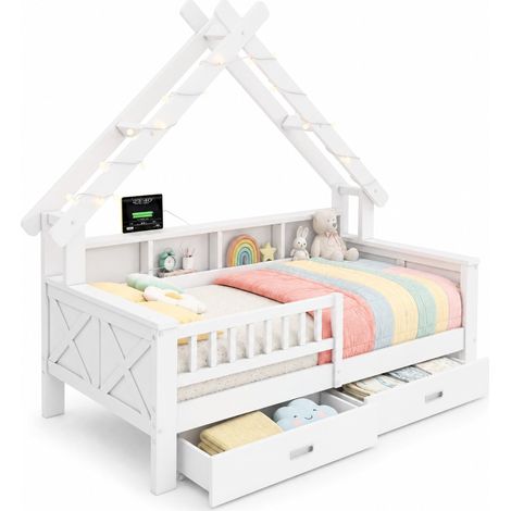 Lit cabane enfant 90x200 cm en bois blanc, avec rangement pour chambre, sans matelas - FLORAGRACE (1/5)
