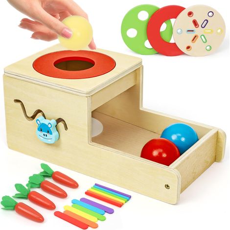 Jouet Montessori en Bois 5-en-1 pour Tout-Petit 1 an et Jeu de Motricité, Boîte de Permanence d'Objet, Tri des Couleurs & Formes, Puzzle Idée Cadeau Éducatif Fille Garçon Noël Anniversaire (1/5)