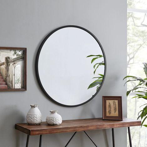 Spiegel Rund, 40cm Schwarz Dekorative Wandspiegel für Bad, Eitelkeit, Wohnzimmer, Eingangsbereich, Runder Spiegel Hängend oder Lehnend, Aluminium Rahmen (1/5)