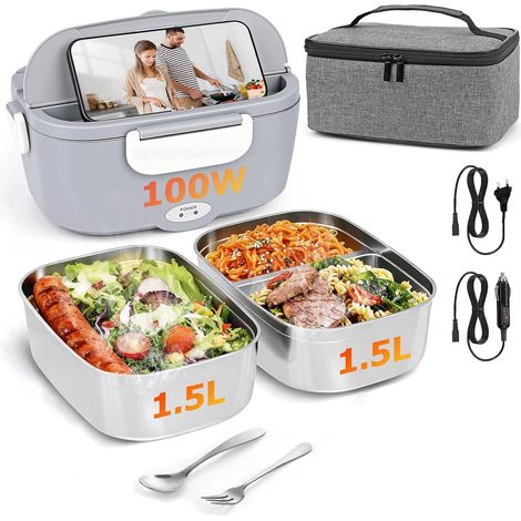 100W Gamelle Chauffante Electrique Lunch Box Chauffante avec 2 Récipients De 1,5L En Inox Sac Fourchette et Cuillère 12V/24V/220V Boite Chauffante Repas pour Bureau, École, Voyage, Voiture (1/5)