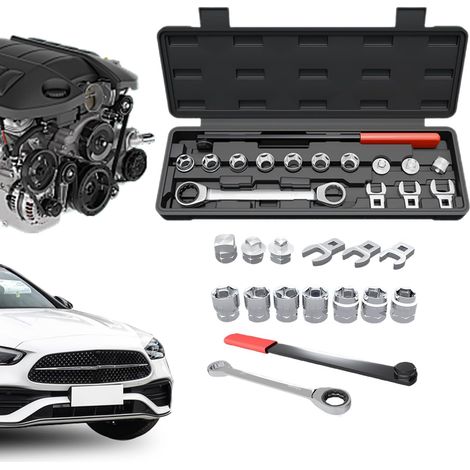Jeu d'outils de tension de courroie 15 pièces Clé de réglage du tendeur de courroie de véhicule Outil d'atelier automobile pour mécanique, bricolage, camion, SUV, camping-car, entretien moteur (1/5)
