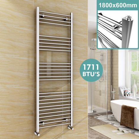 ELEGANT 1800 x 600 mm Chrome Designer Straight Towel Rail Radiator Bathroom Heated + Chrome Thermostatic Radiator Valves (1/5)