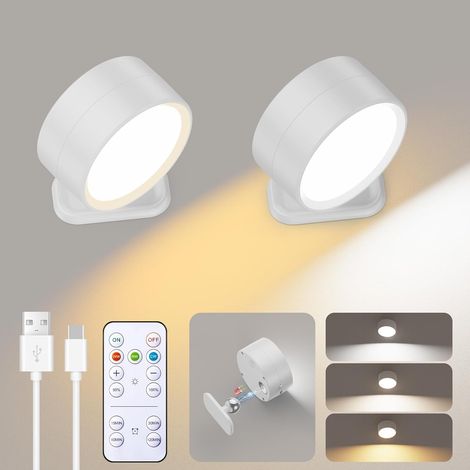 Set aus 2 magnetischen LED-Wandleuchten, wiederaufladbar über USB, mit Fernbedienung, ideal für Schlafzimmer, weiß.