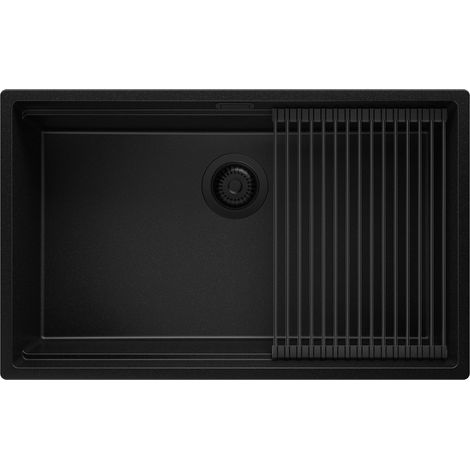 PRIMAGRAN Evier Sous Plan 76x47cm, Evier en Granit 1 bac + Kit de Vidage + Égouttoir Enroulable, Évier au meuble 80cm - Prague, Tout Noir