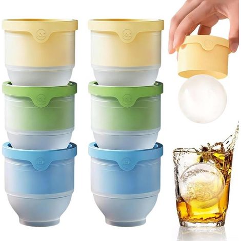 Lot de 6 moules à glaçons ronds en silicone, boules de glace XL 6 cm, réutilisables pour whisky, cocktails, vin et bière, 3 couleurs (1/5)
