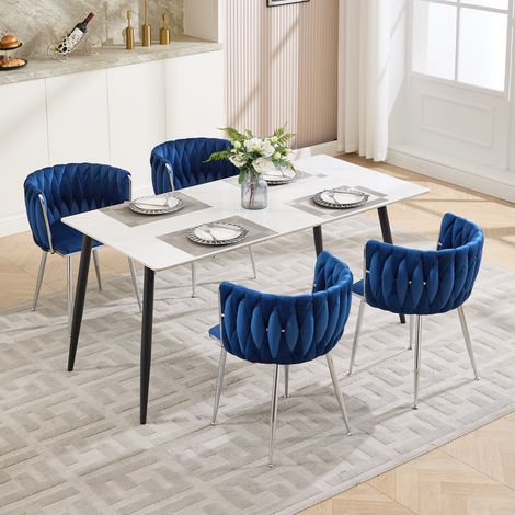 Sgabello da bar in tessuto, design intrecciato aperto, schienale basso, struttura in metallo imbottita, blu navy (1/5)
