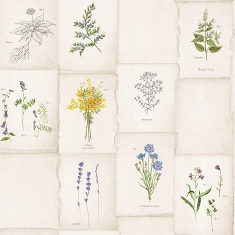 Herbs Tile Effect Wallpaper Cream Green Blue Yellow Floral Paste The Wall (1/4)