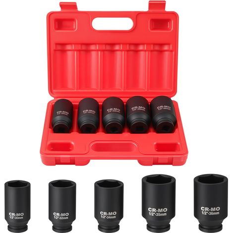 5PCS Coffret de Douilles a Chocs 1/2" Jeu de Douille à Choc, 30/32/34/35/36mm Écrou à Impact, CR-MO 6 Pans Jeu d'Écrous pour Clés à Choc, 78MM de Profondeur pour Retirer Écrous et Boulons (1/5)