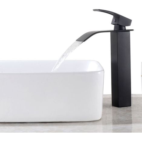 Robinet de Lavabo Cascade Noir Bec Haut Mitigeur Vasque à Poser Robinet Salle de Bain en Laiton (1/4)